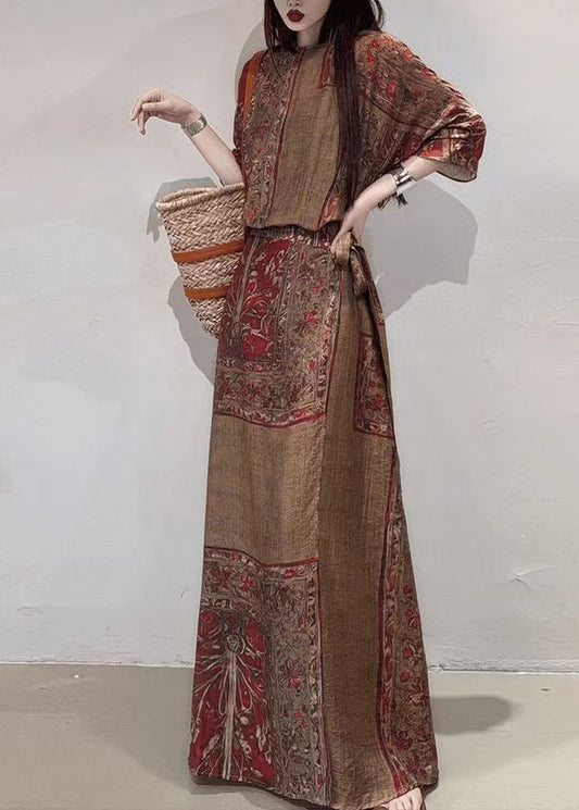 Coffee Cinched Print Linen Holiday Dress Summer