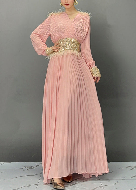 Pink Wrinkled Tunic Holiday Maxi Dress Fall