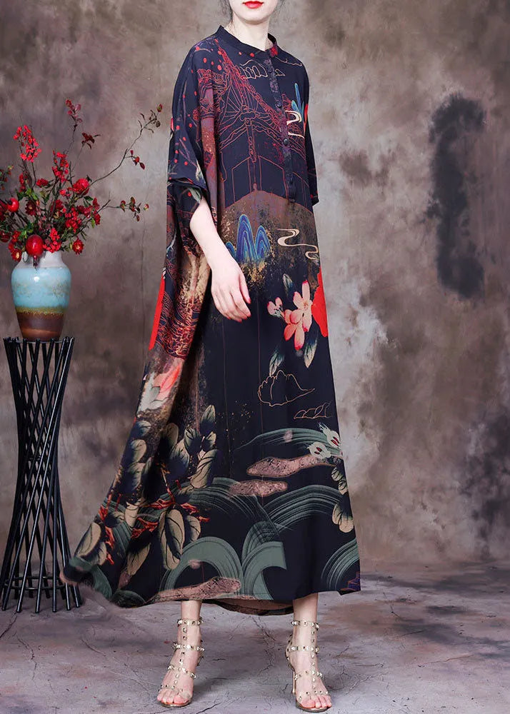 Coffee Stand Collar Button Print Silk Holiday Dress Batwing Sleeve