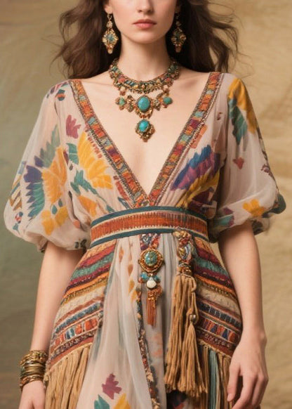 Apricot Tasseled Chiffon Party Dresses Exra Large Hem Puff Sleeve