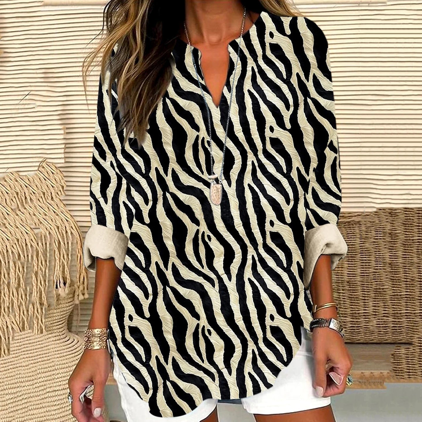 Vintage Geometric Print Linen Shirt elevenforest