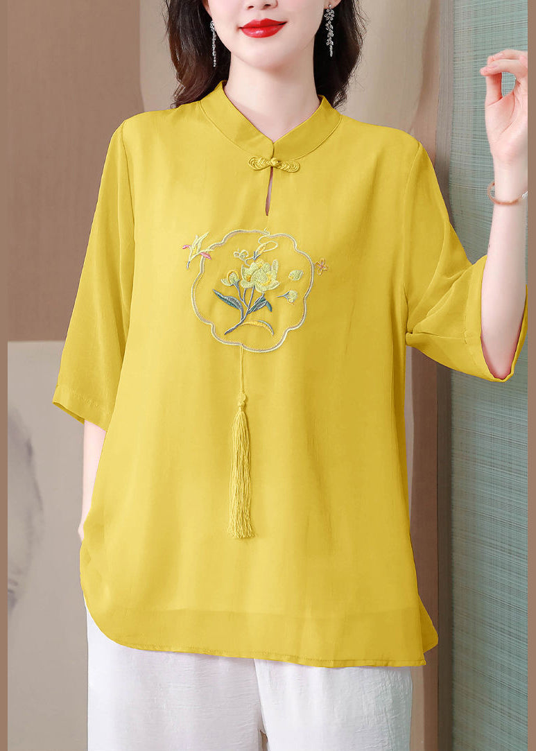 Art Yellow Embroidered Chinese Button Silk Top Half Sleeve