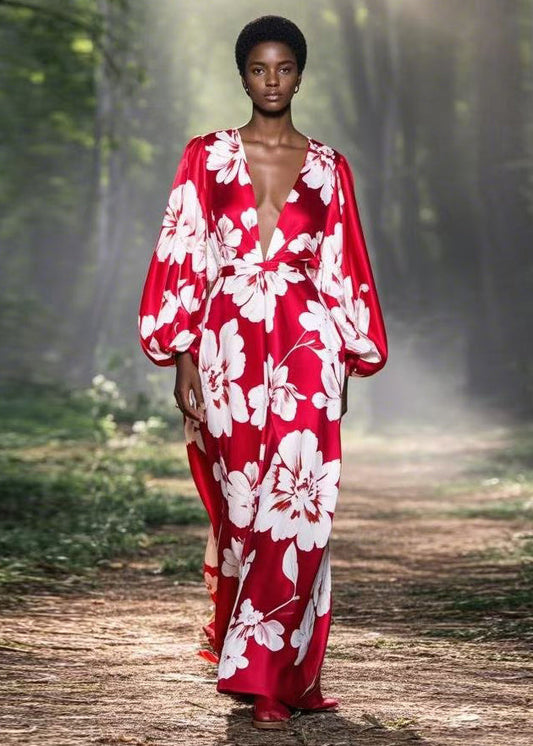 Red V Neck Print Silk Ankle Dress Spring