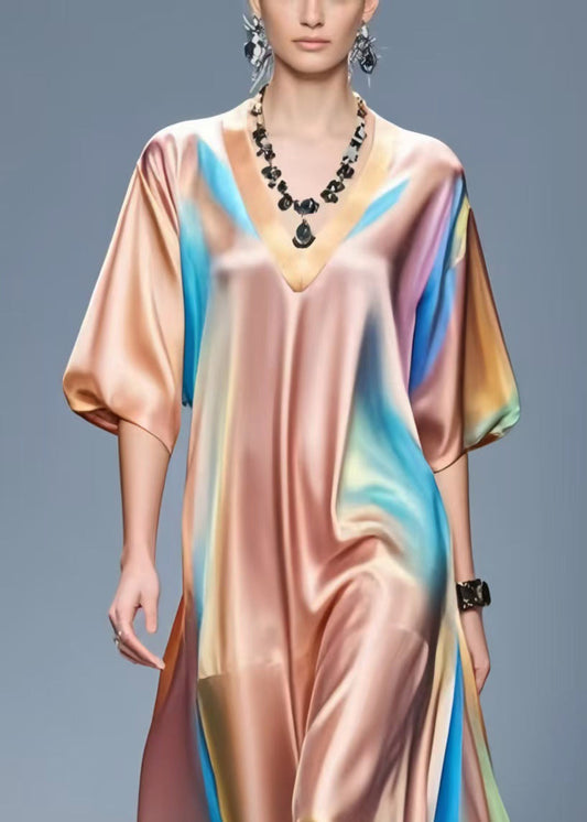 V Neck Tie Dye Silk Vacation Dresses Half Sleeve