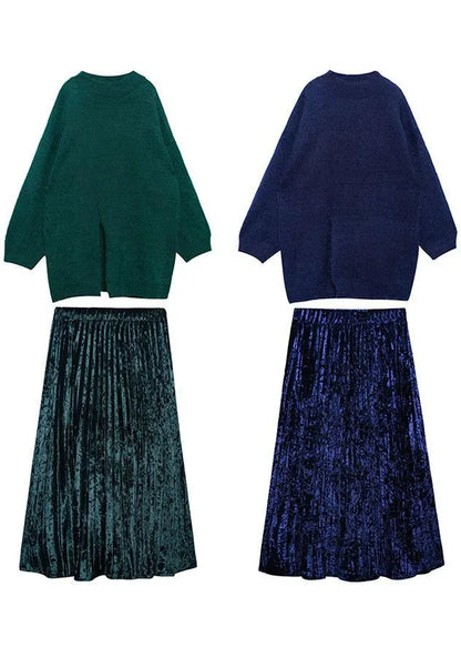 Spring Sweater Mid-length Velvet Skirt Pleated Skirt Two-piece
