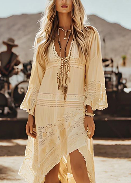 Beige Asymmetrical Lace Patchwork Cotton Dresses Spring