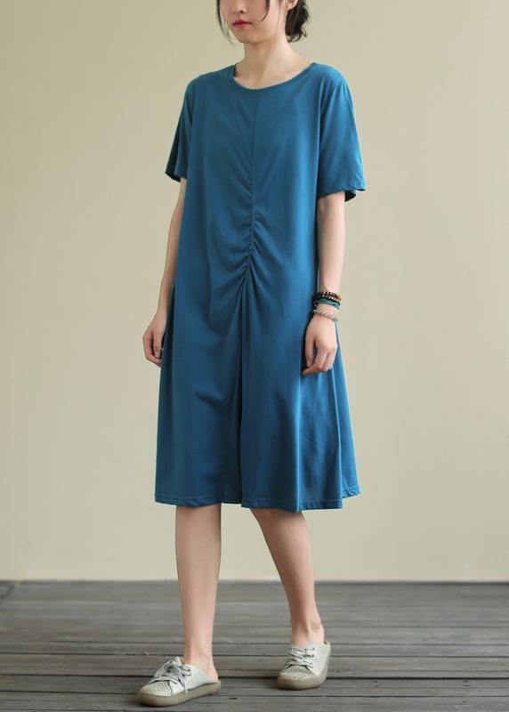 O Neck Cinched Cotton Summer Dress Sewing Blue Dresses