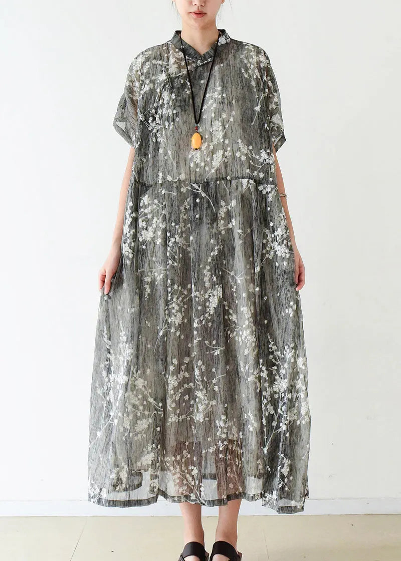 Gray Silk Long Shirts Fine Cotton Chinese Button Traveling Summer Dress