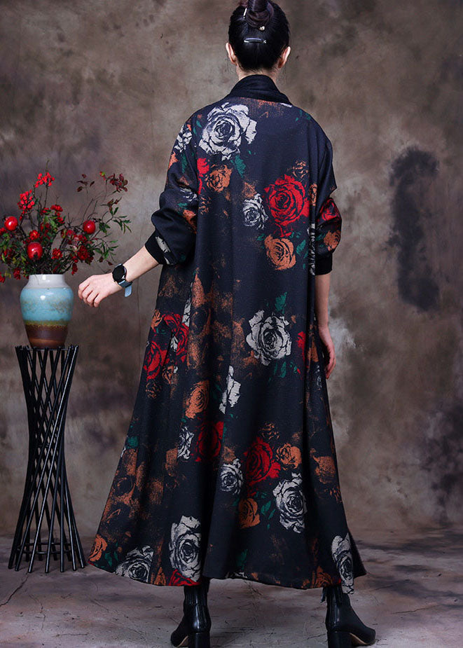 Black Bow Collar Print Loose Long Cardigans Long Sleeve