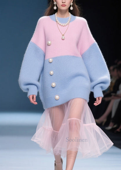 Colorblocko Neck Nail Bead Knit Sweater Tops Fall