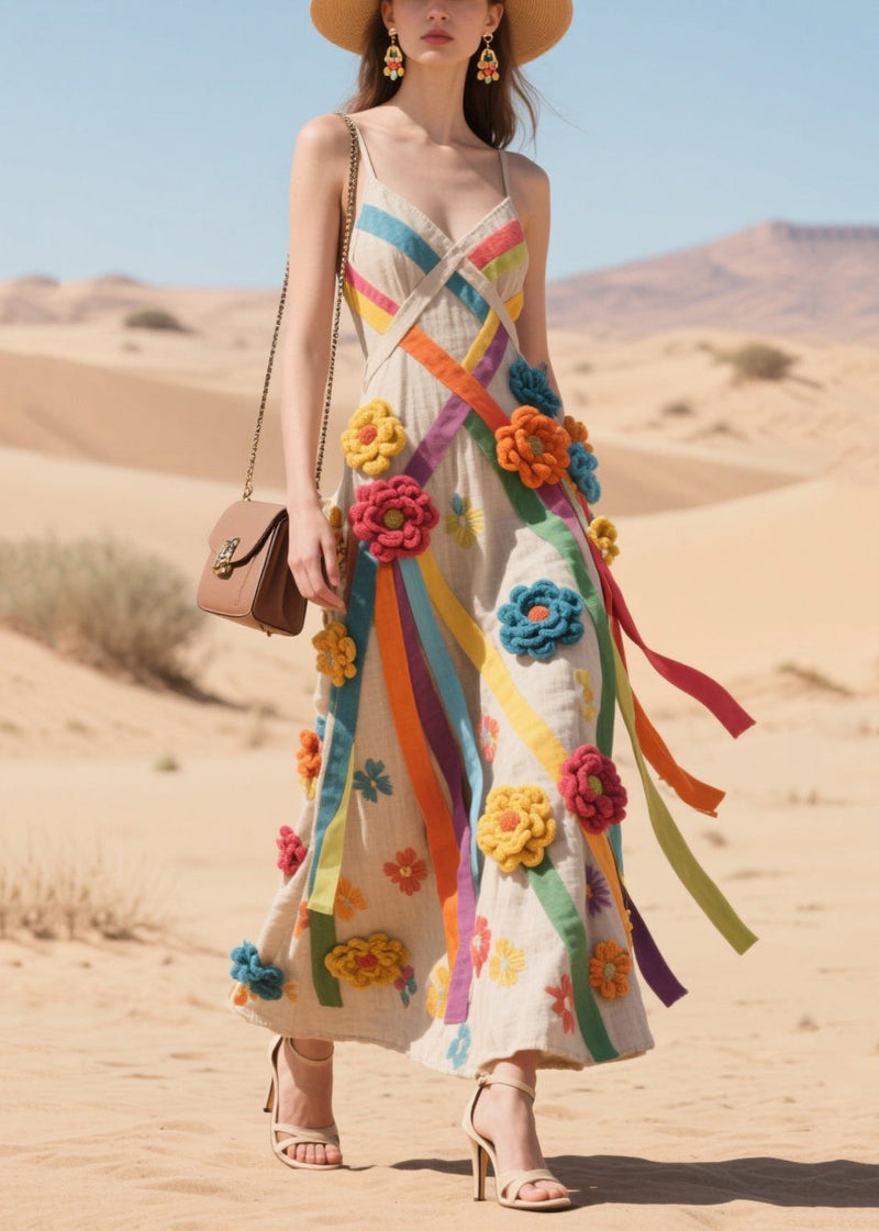 Art Multicolour Decorated Ribbon Cotton Sundress Summer