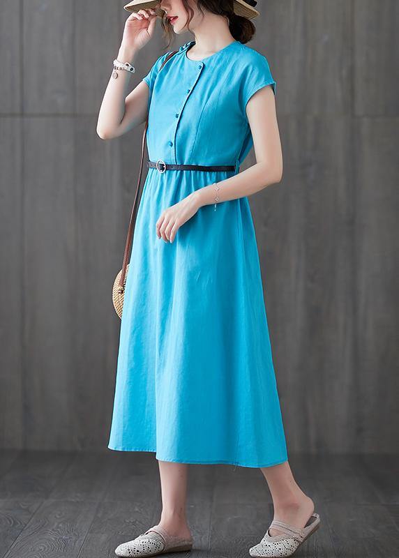 100% Blue Linen Dresses O Neck Patchwork Love Summer Dresses