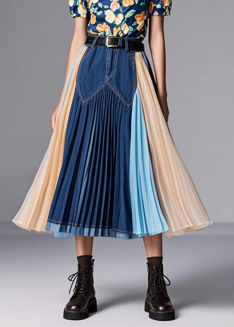 Navy Patchwork Exra Large Hem Denim Skirts Fall