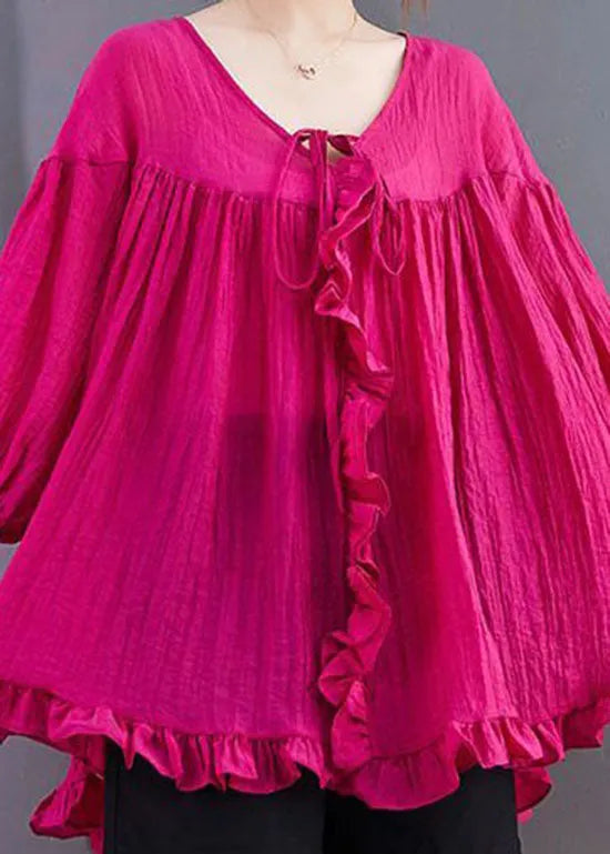 Loose Rose Ruffled Patchwork Lace Up Cotton Shirts Top Summer
