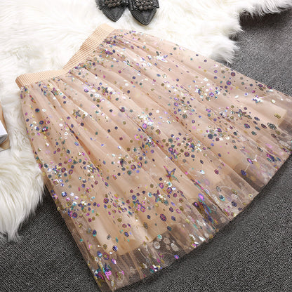 Beige Sequins Tulle Elastic Waist Skirts Summer