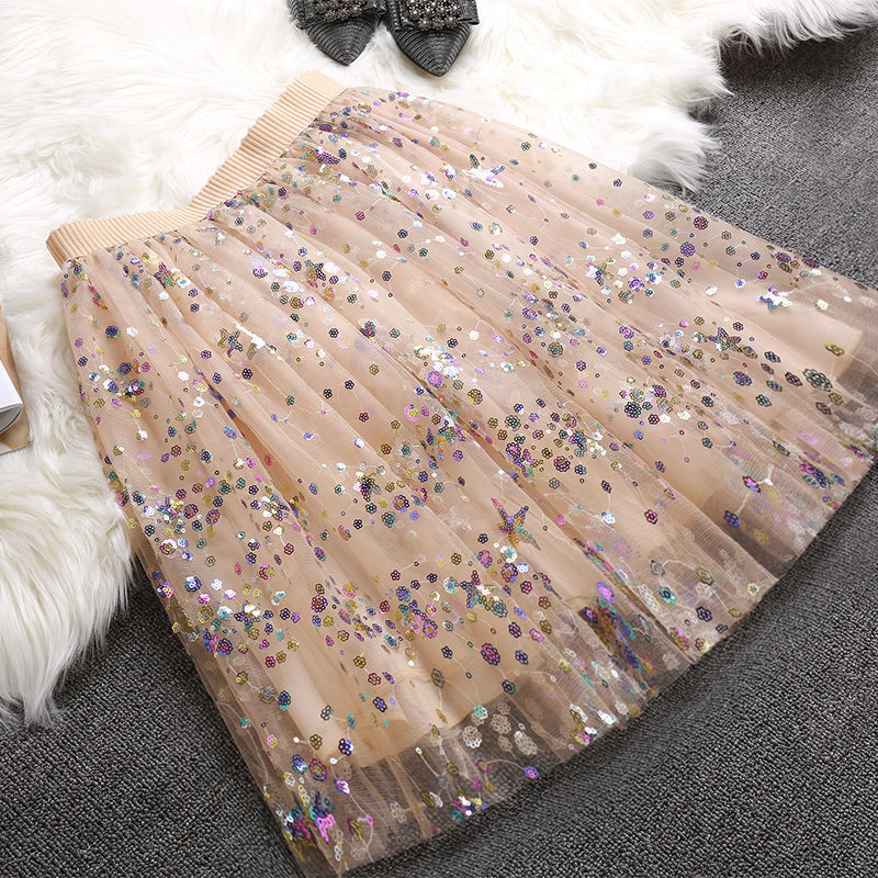 Beige Sequins Tulle Elastic Waist Skirts Summer