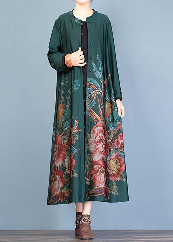 Green Prints Coat Oversize Long Coat Fall Trench Coats O Neck