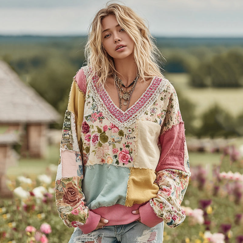 Women's Vintage Floral Patchwork Art Cozy Warm Sweatshirt elevenforest