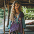 Retro Boho Tribal Floral Art Embroidery Print Cotton And Linen V-neck Loose Shirt elevenforest