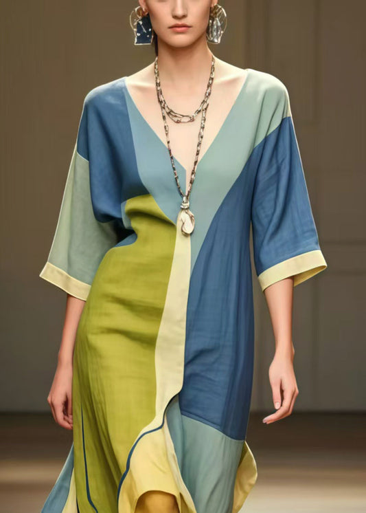 Colorblock Asymmetrical Patchwork Cotton Long Dress Summer