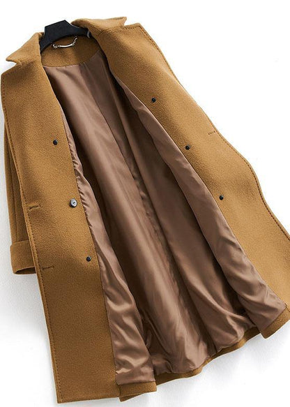 Long Double Breast Coats Brown Notched Woolen Outwear