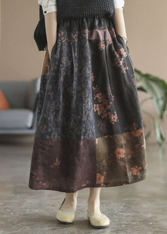 Chocolate Patchwork Linen Skirt Elastic Waist Spring