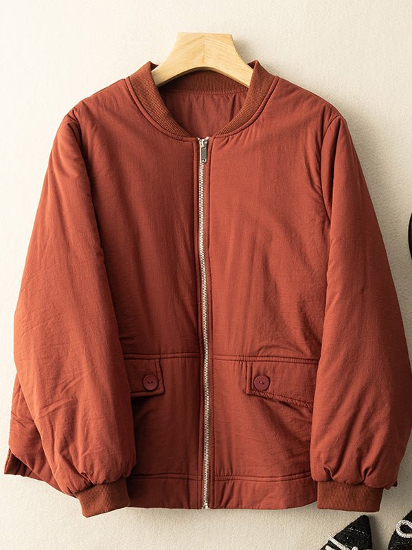 100% Natural Fabric Zipper Round Neck Long Sleeve Coat