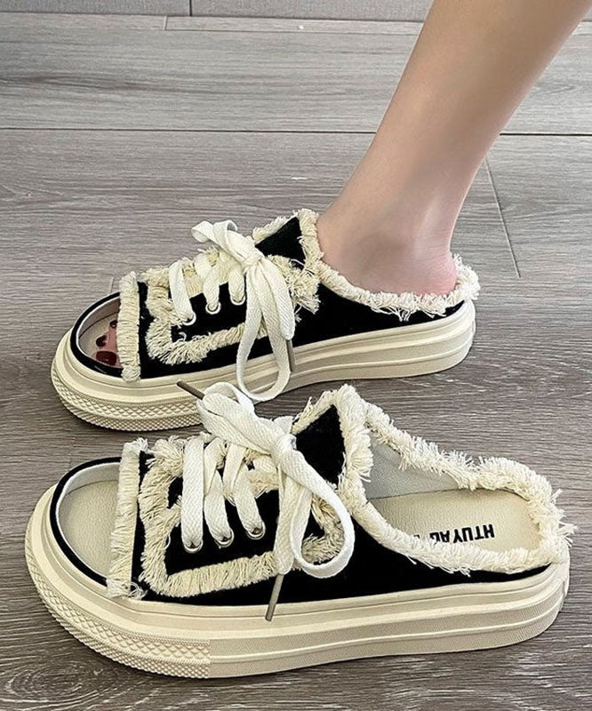 Black Platform Canvas Splicing Slide Sandals Lace Up