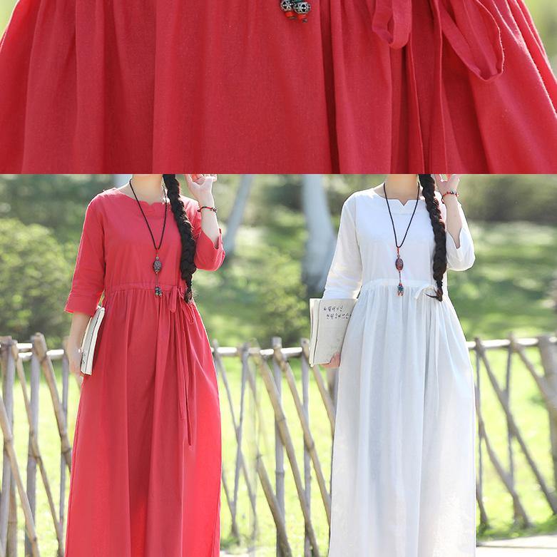 Red Linen Cotton Dresses Indian Pattern V Neck Three Quarter Sleeve Love Summer Dress