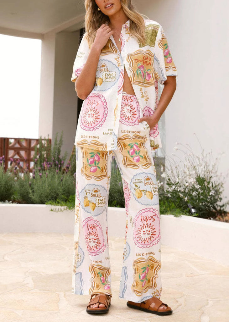 New Peter Pan Collar Print Tops and Pants Two Pieces Set Summer