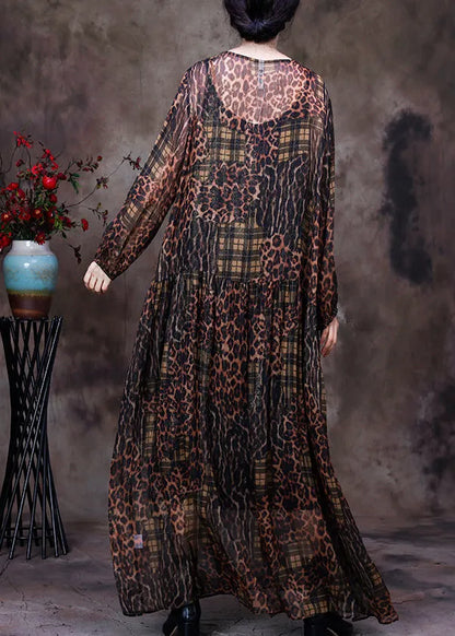 Organic Coffee O-neck Print Maxi Dress and Suspenders Two Pieces Set Fall