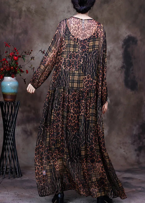 Organic Coffee O-neck Print Maxi Dress and Suspenders Two Pieces Set Fall