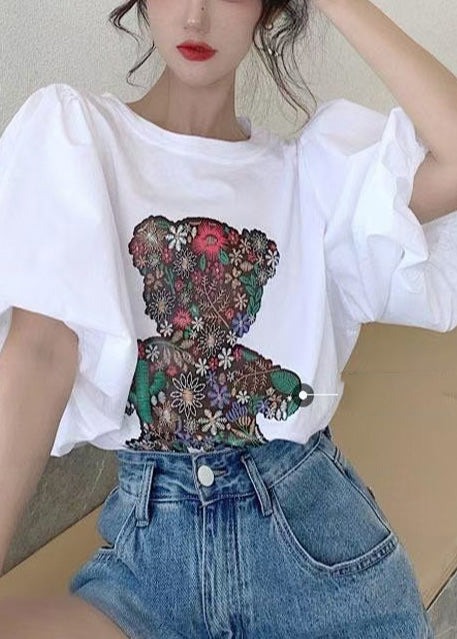 White Bear Print Cotton Tank Tops Puff Sleeve
