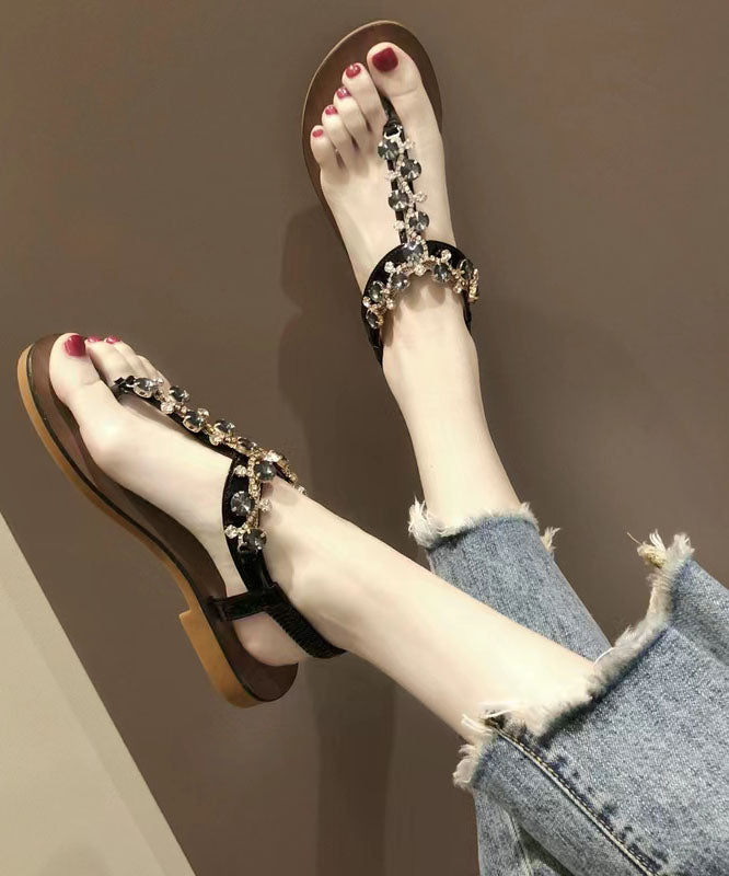 Black Pu Splicing Zircon Beach Flip Flops Walking Sandals