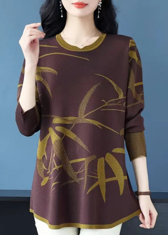 New Coffee O-neck Print Zircon Knit Sweaters Spring