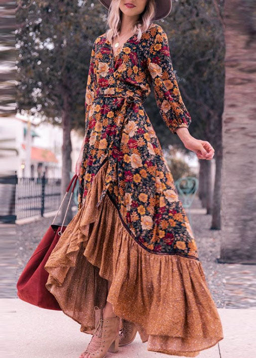 V Neck Print Tie Waist Cotton Long Dresses Spring