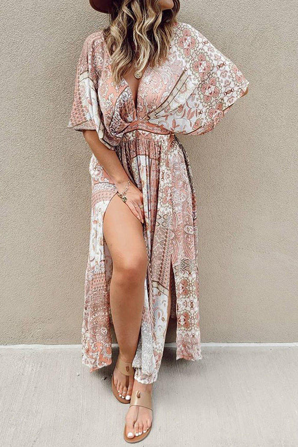 Print Bat Slit Maxi Dress