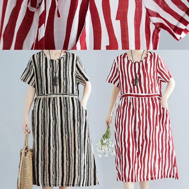 Diy O Neck Drawstring Dress Sewing Black Striped Dresses Summer
