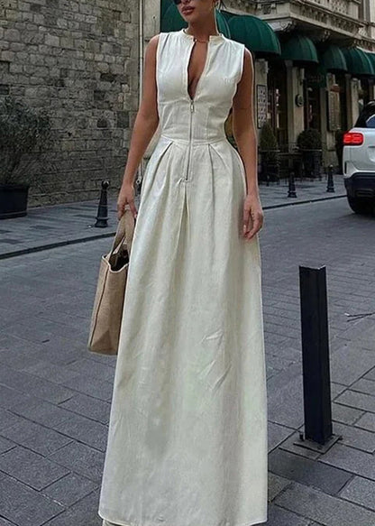 Green Zip Up Pockets Patchwork Cotton Long Dress Sleeveless