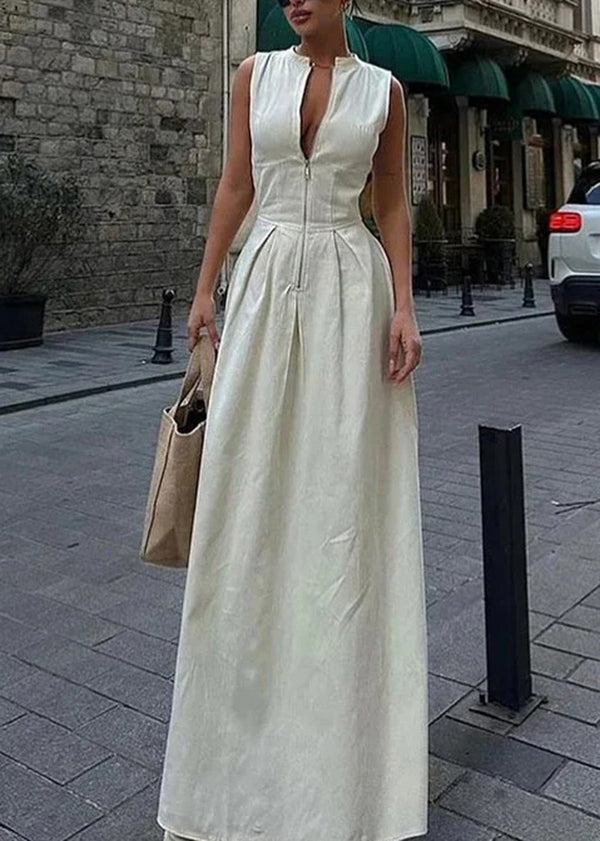 Green Zip Up Pockets Patchwork Cotton Long Dress Sleeveless