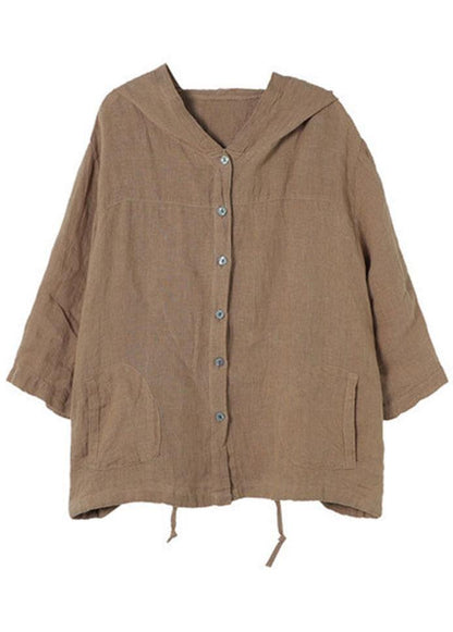 French Chocolate Linenhooded Summerpatchwork Shirt Tops