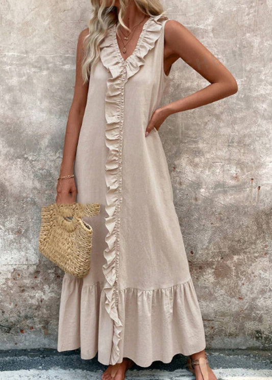 Apricot V Neck Ruffled Patchwork Maxi Dresses Summer