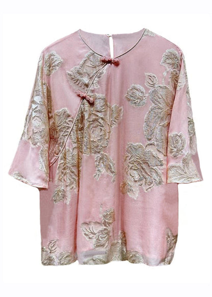 Pink O-neck Embroidered Button Silk Shirts Bracelet Sleeve