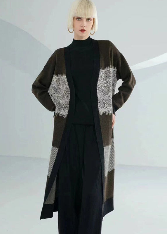Unique Coffee Green V Neck Patchwork Print Wool Knit Cardigan Long Sleeve