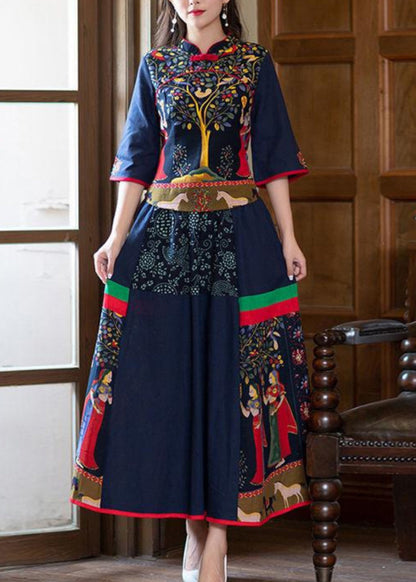 Navy Stand Collar Tops and Skirts Cotton Two Pieces Set Spring