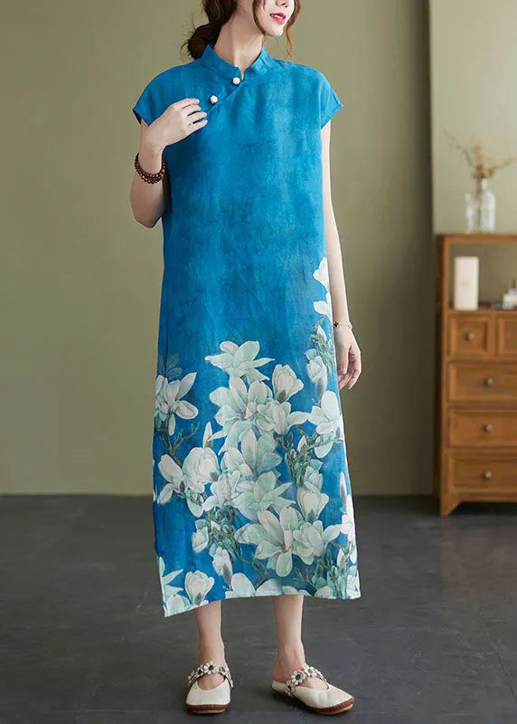Blue Mandarin Collar Print Side Open Cheongsam Dresses Short Sleeve