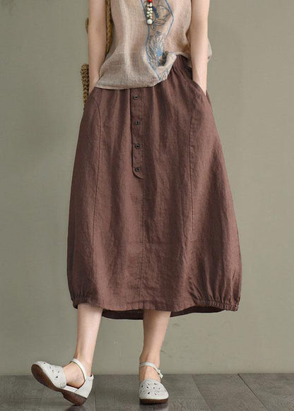 Beige Button a Line Summer Loose Skirts Linen