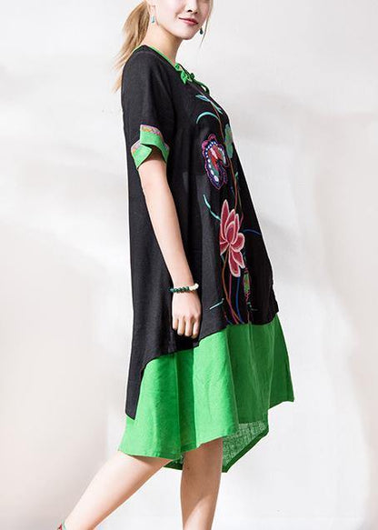 Black Embroidery Linen Dresses O Neck Patchwork Dresses Summer Dress