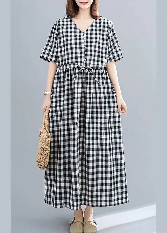 Organic V Neck Drawstring Cotton Clothes for Tutorials Black Large Plaid Dress