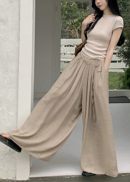 Khaki Silm Fit Tops and Wide Leg Pants Two Pieces Set Summer